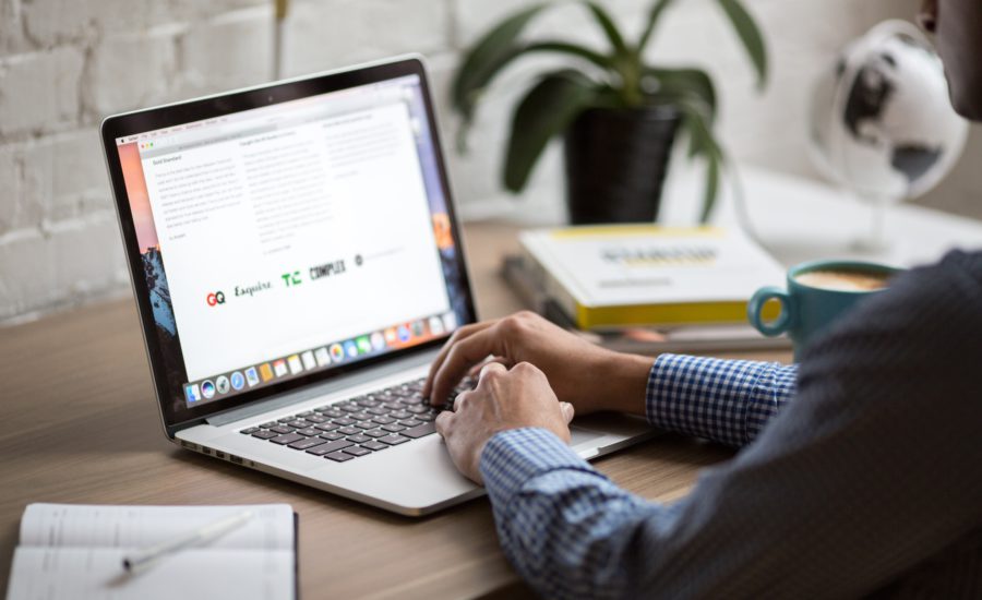 Person typing on a laptop, books, coffee and plant on the table