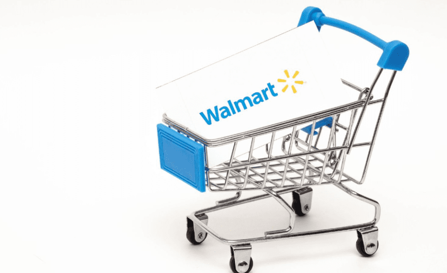 Walmart signage in shopping cart with blue trim